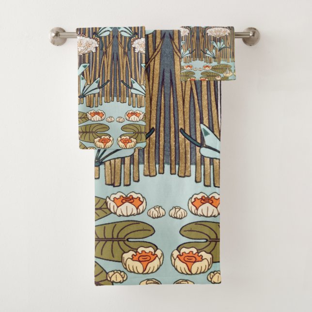 Dragonflies Water Lilies Marsh Art Nouveau Bath Towel Set (Insitu)