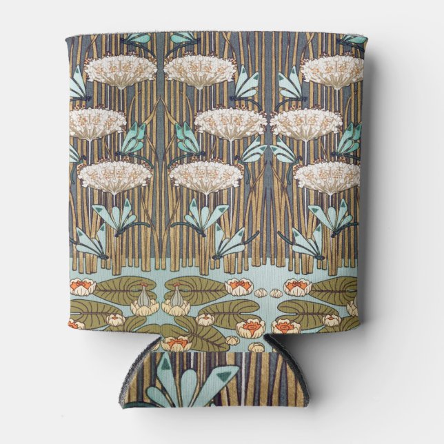 Dragonflies Water Lilies Marsh Art Nouveau Can Cooler (Front)