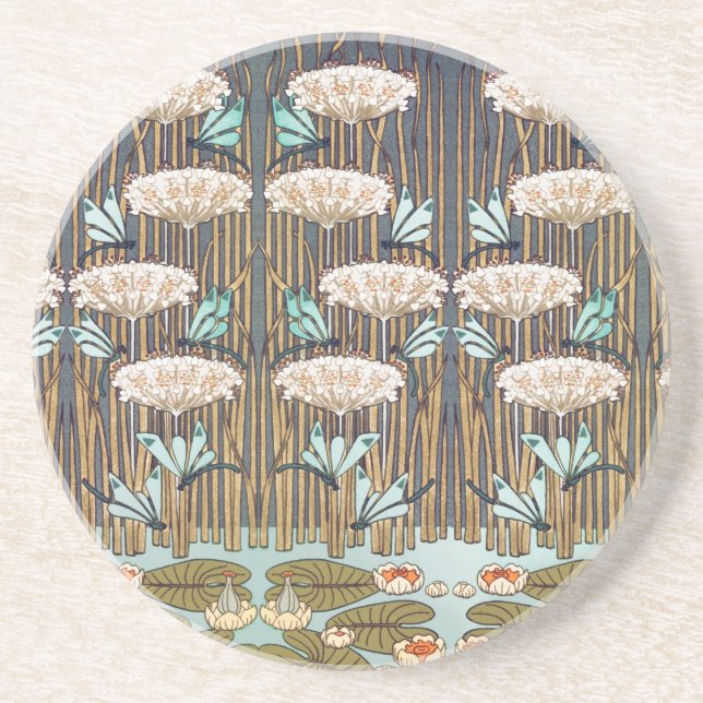 Dragonflies Water Lilies Marsh Art Nouveau Coaster (Front)