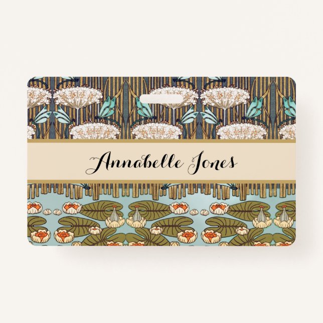 Dragonflies Water Lilies Marsh Art Nouveau ID Badge (Front)