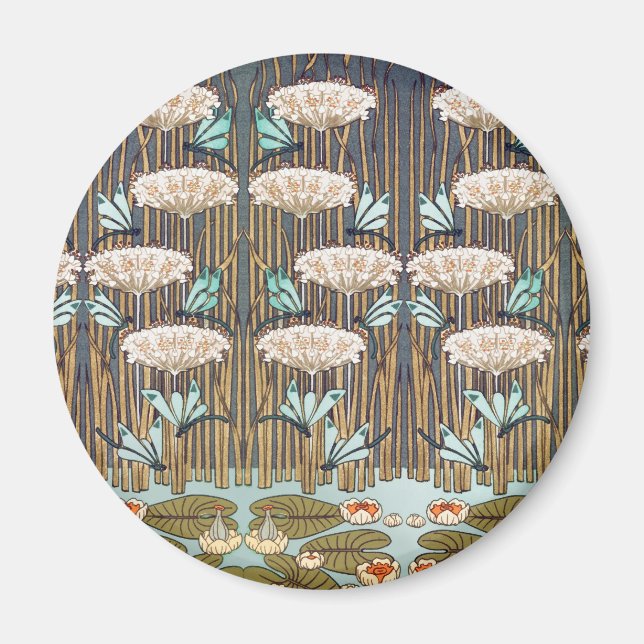 Dragonflies Water Lilies Marsh Art Nouveau Magnet (Front)