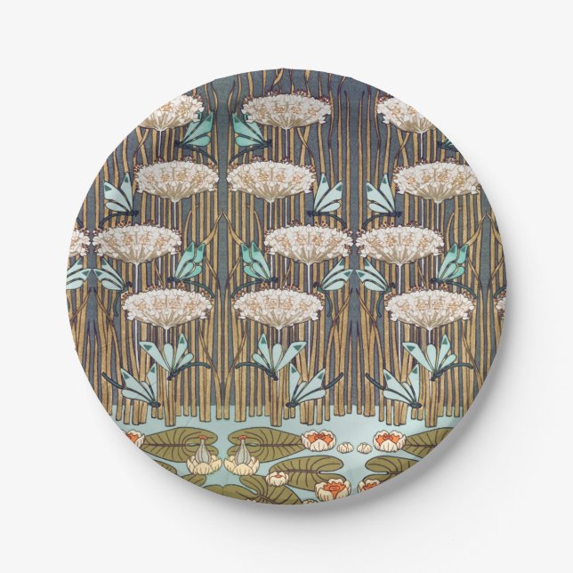 Dragonflies Water Lilies Marsh Art Nouveau Paper Plate (Front)