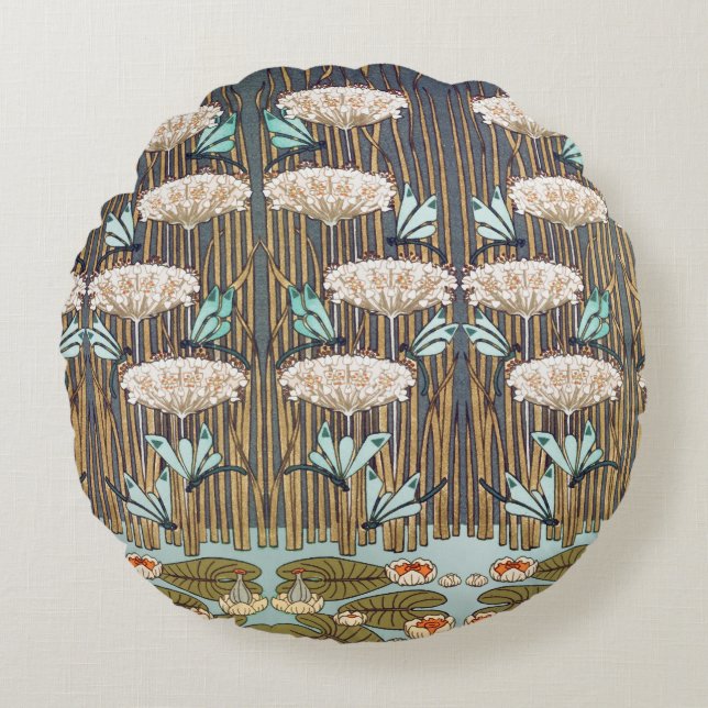 Dragonflies Water Lilies Marsh Art Nouveau Round Cushion (Front)