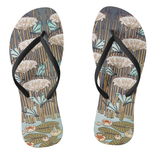 Dragonflies Water Lilies Marsh Art Nouveau Thongs (Footbed)