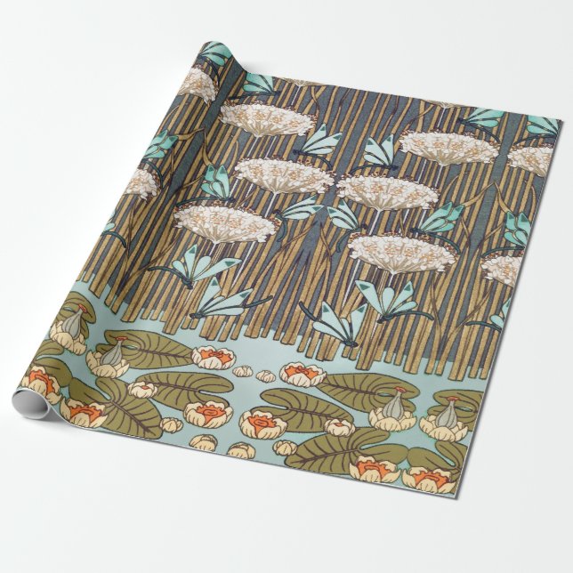 Dragonflies Water Lilies Marsh Art Nouveau Wrapping Paper (Unrolled)