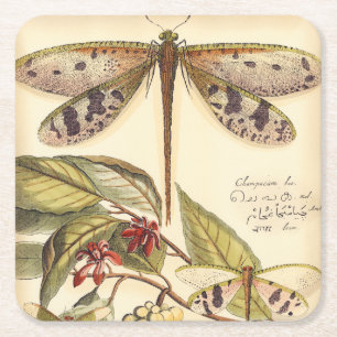 Dragonflies with Leaves and Fruit Square Paper Coaster