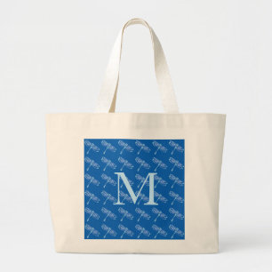Dragonflies with monogram on denim blue large tote bag
