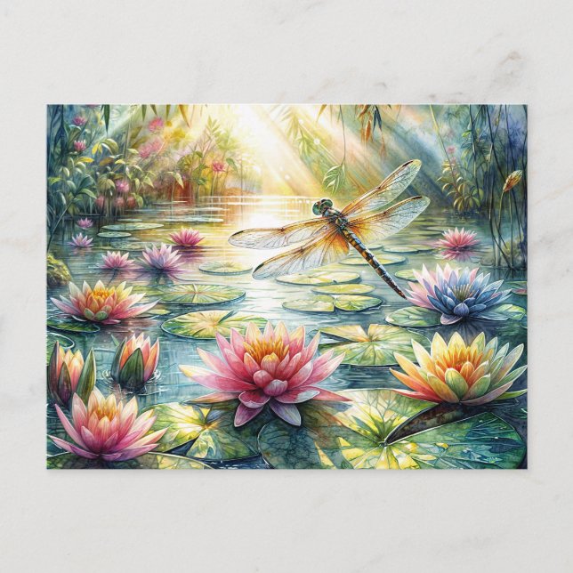 Dragonfly Above Pond Watercolor Postcard (Front)
