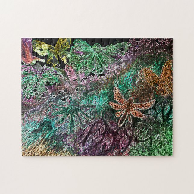 dragonfly and butterflies neon floral jigsaw puzzle (Horizontal)