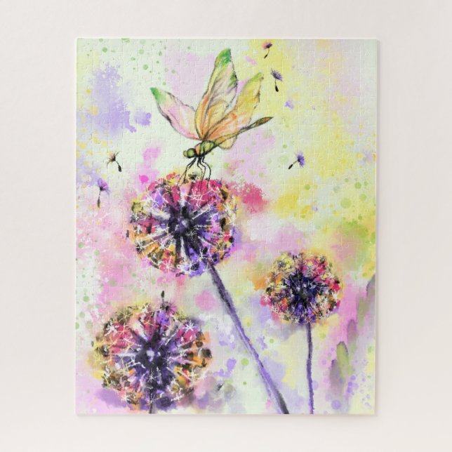 Dragonfly and Dandelions - Watercolor Painting  Jigsaw Puzzle (Vertical)