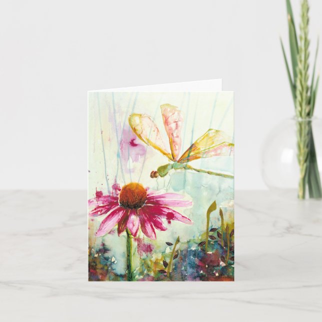 Dragonfly and Flower BLANK Greeting Card (Front)