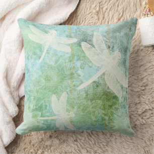Dragonfly And Flower Cream Blue Green Pattern Cushion