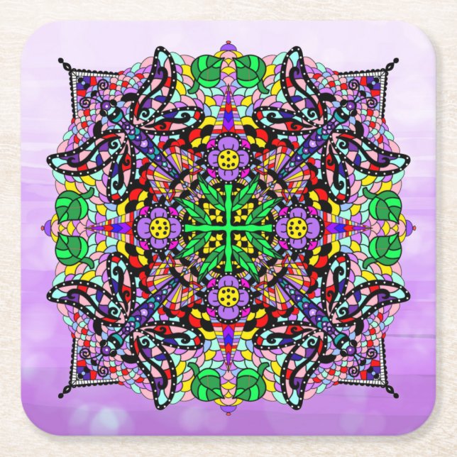 Dragonfly and Flower Themed Purple Colourful   Square Paper Coaster (Front)
