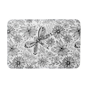 Dragonfly and flowers doodle bath mat