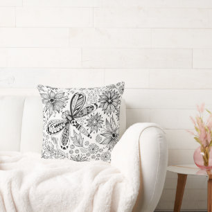 Dragonfly and flowers doodle cushion