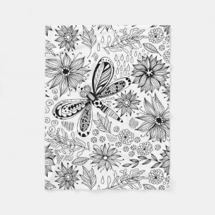 Dragonfly and flowers doodle fleece blanket