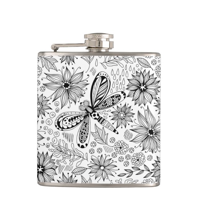 Dragonfly and flowers doodle hip flask (Front)