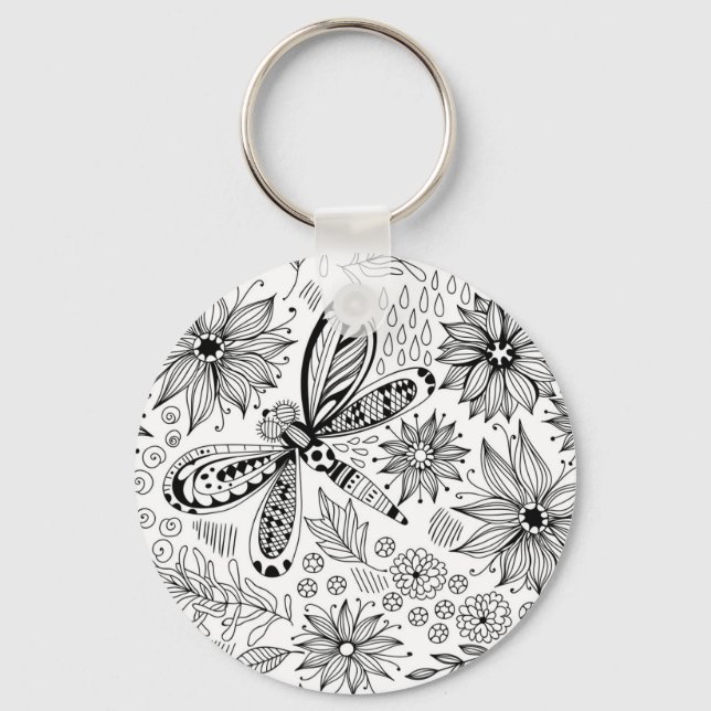 Dragonfly and flowers doodle key ring (Front)