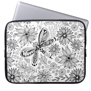 Dragonfly and flowers doodle laptop sleeve