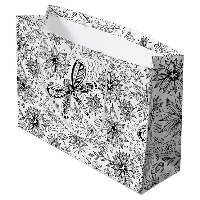 Dragonfly and flowers doodle large gift bag (Back Angled)