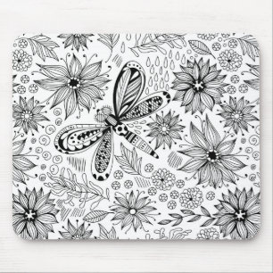Dragonfly and flowers doodle mouse pad