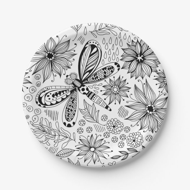 Dragonfly and flowers doodle paper plate (Front)