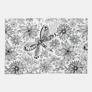 Dragonfly and flowers doodle tea towel