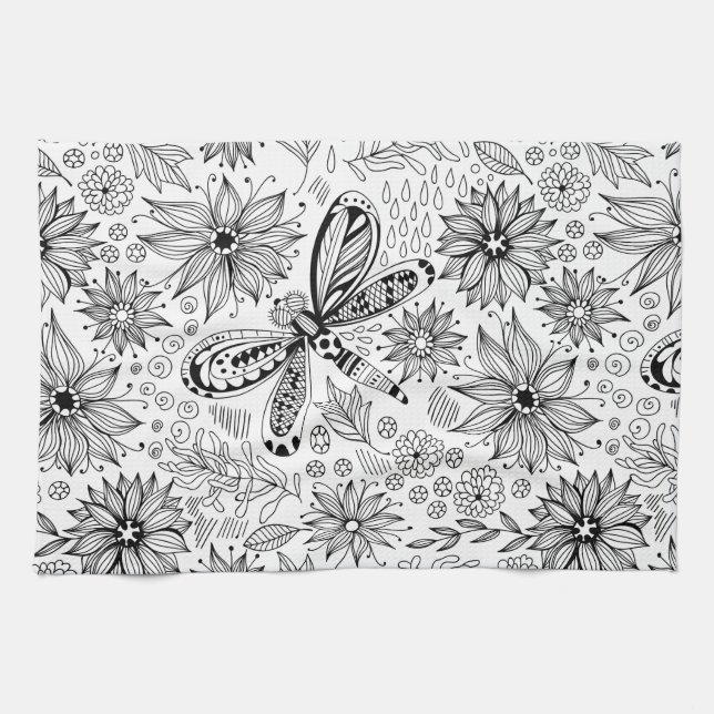 Dragonfly and flowers doodle tea towel (Horizontal)