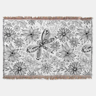 Dragonfly and flowers doodle throw blanket