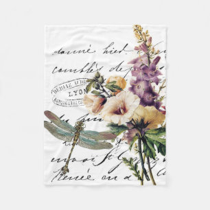 Dragonfly and flowers fleece blanket