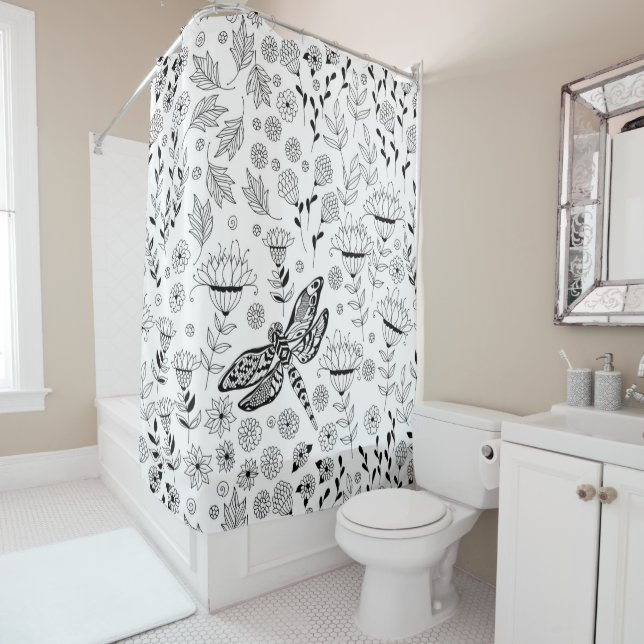 Dragonfly and flowers shower curtain (In Situ)