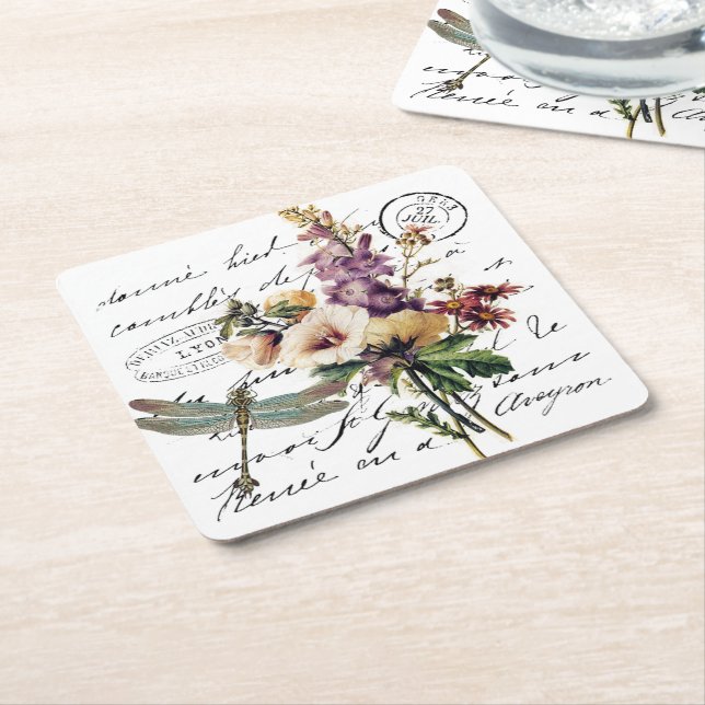 Dragonfly and flowers square paper coaster (Angled)