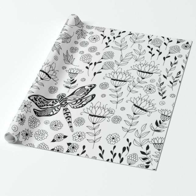 Dragonfly and flowers wrapping paper (Unrolled)