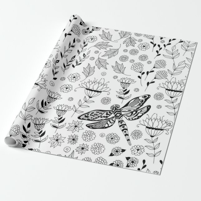 Dragonfly and flowers wrapping paper (Unrolled)
