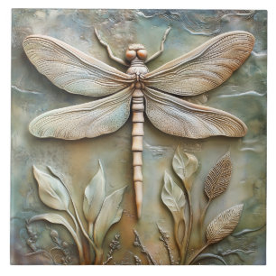 Dragonfly and Foliage Faux Relief  Ceramic Tile
