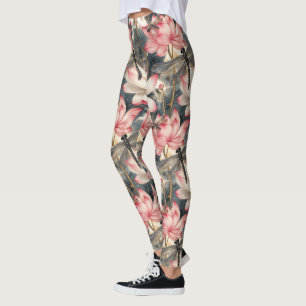 Dragonfly and Light Pink Lotus Design Leggings