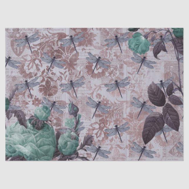 Dragonfly and Purple Floral Newsprint Tissue Paper (Front)