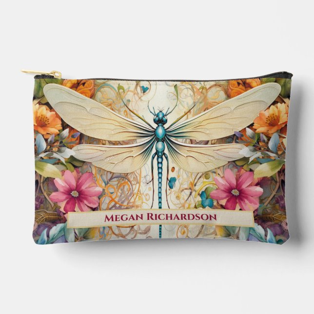 Dragonfly And Wildflowers With Name Small Accessory Pouch (Front)