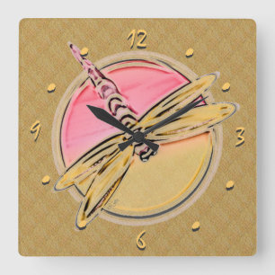 Dragonfly Art in Pink and Gold Square Wall Clock