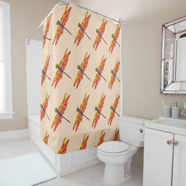 Dragonfly art insect illustration shower curtain (In Situ)