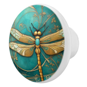 Dragonfly Art Nouveau Art Deco Teal & Gold Insects Ceramic Knob