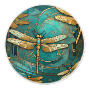 Dragonfly Art Nouveau Art Deco Teal & Gold Insects Ceramic Knob