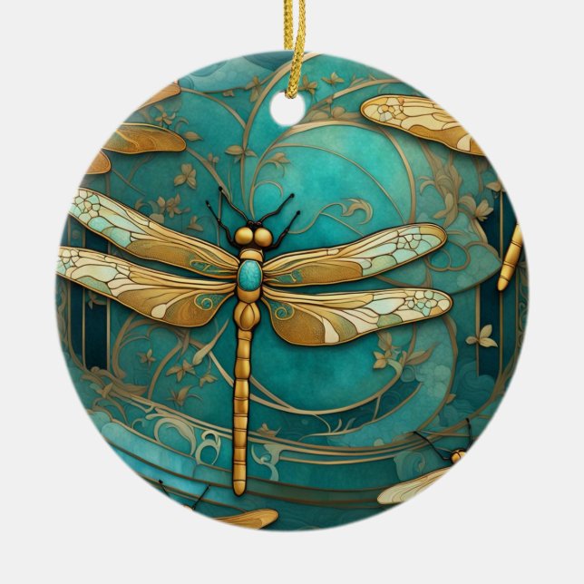 Dragonfly Art Nouveau Art Deco Teal & Gold Insects Ceramic Ornament (Front)