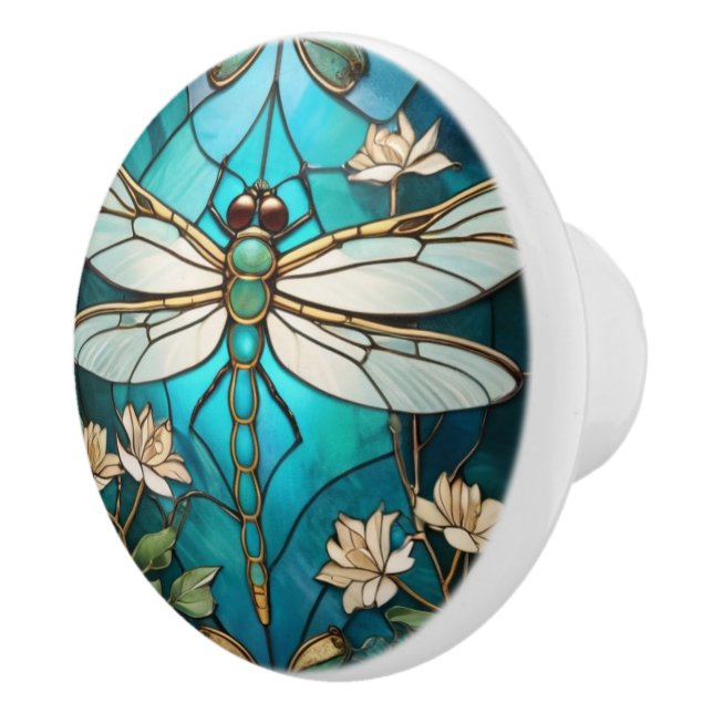 Dragonfly Art Nouveau Deco Aqua Blue Stained Glass Ceramic Knob (Right)