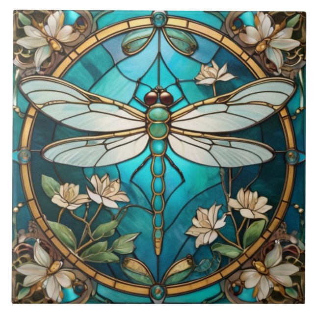 Dragonfly Art Nouveau Deco Aqua Blue Stained Glass Ceramic Tile (Front)