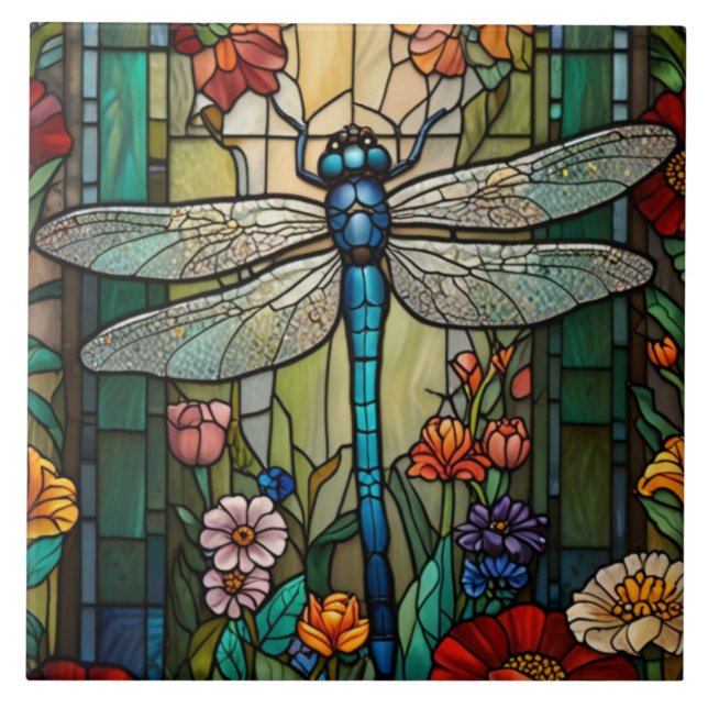 Dragonfly art painting botanical boho chic forest ceramic tile (Front)