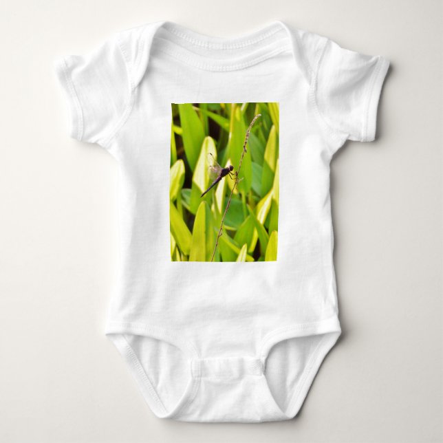 Dragonfly Blue and black on grass. Baby Bodysuit (Front)