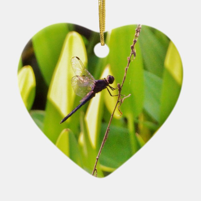 Dragonfly Blue and black on grass. Ceramic Ornament (Front)