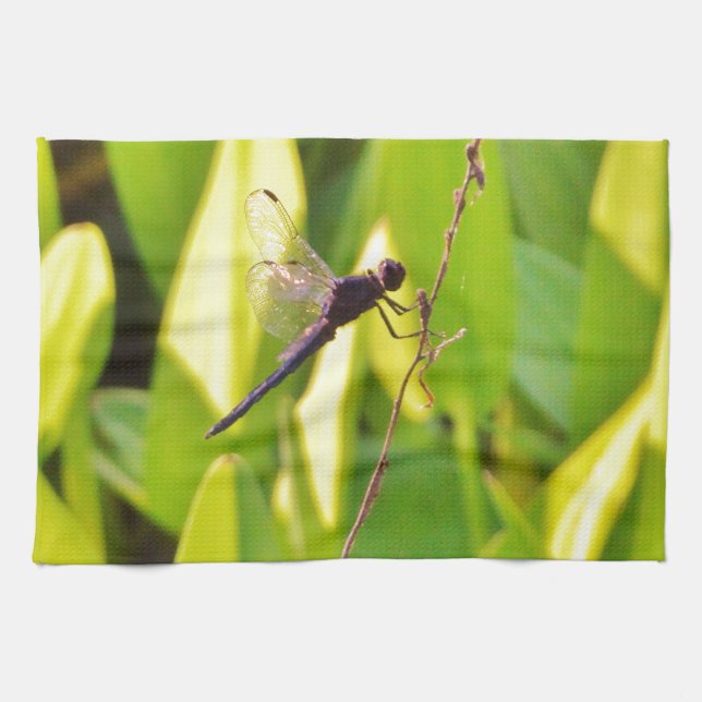 Dragonfly Blue and black on grass. Tea Towel (Horizontal)
