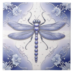 Dragonfly Blue and White Flower Art Ceramic Tile